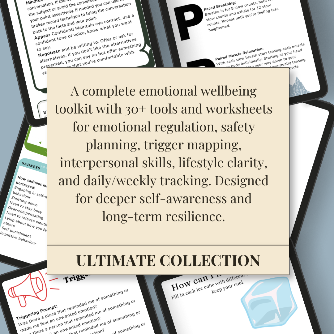Emotional wellbeing toolkit with tools and worksheets on a gray background