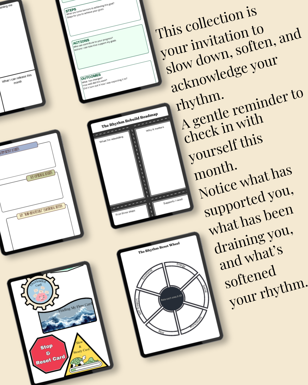 A collage of printable worksheet and activity cards arranged on a warm beige background with decorative text. The cards include emotional regulation reflection prompts, a wheel graphic, a stop sign activity, and other mental health educational printable pages.