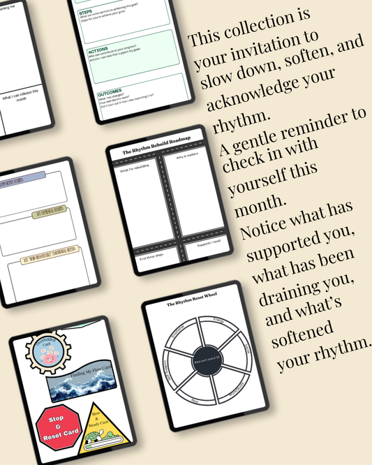 A collage of printable worksheet and activity cards arranged on a warm beige background with decorative text. The cards include emotional regulation reflection prompts, a wheel graphic, a stop sign activity, and other mental health educational printable pages.