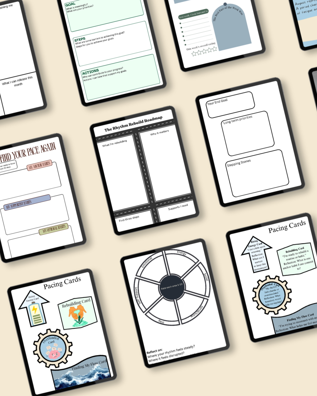 A set of printed mental wellbeing educational cards and worksheets arranged on a light beige background. The worksheets include a wide array of goal setting, regulation and wellbeing activities. 
black borders, white pages, and some pastel blue, green, and beige