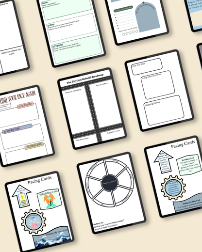 A set of printed mental wellbeing educational cards and worksheets arranged on a light beige background. The worksheets include a wide array of goal setting, regulation and wellbeing activities. 
black borders, white pages, and some pastel blue, green, and beige