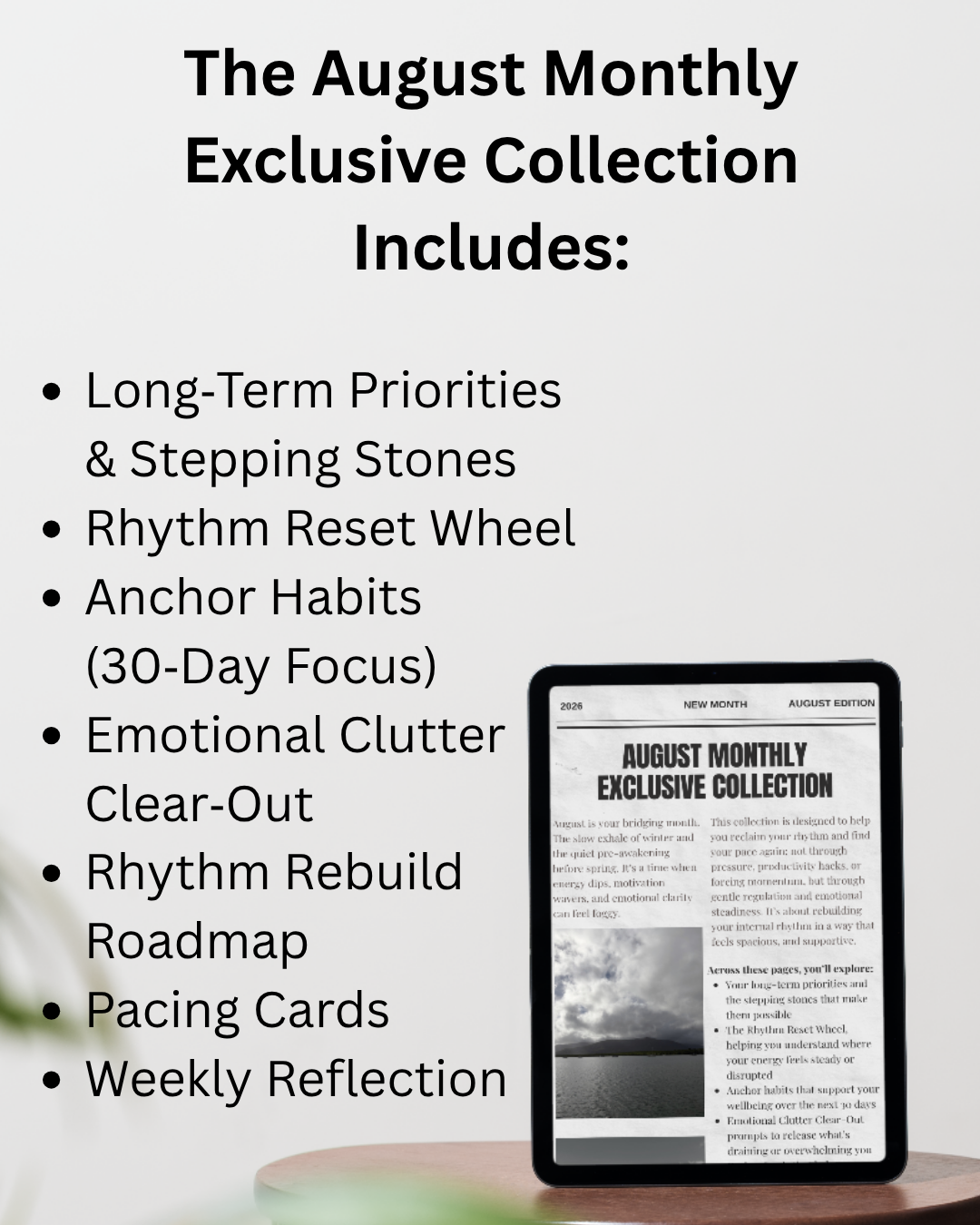 Promotional graphic for an August monthly exclusive collection ebook bundle, listing bullet points on a light gray background with a tablet showing the cover on a wooden surface.