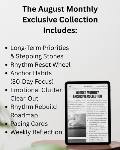 Promotional graphic for an August monthly exclusive collection ebook bundle, listing bullet points on a light gray background with a tablet showing the cover on a wooden surface.